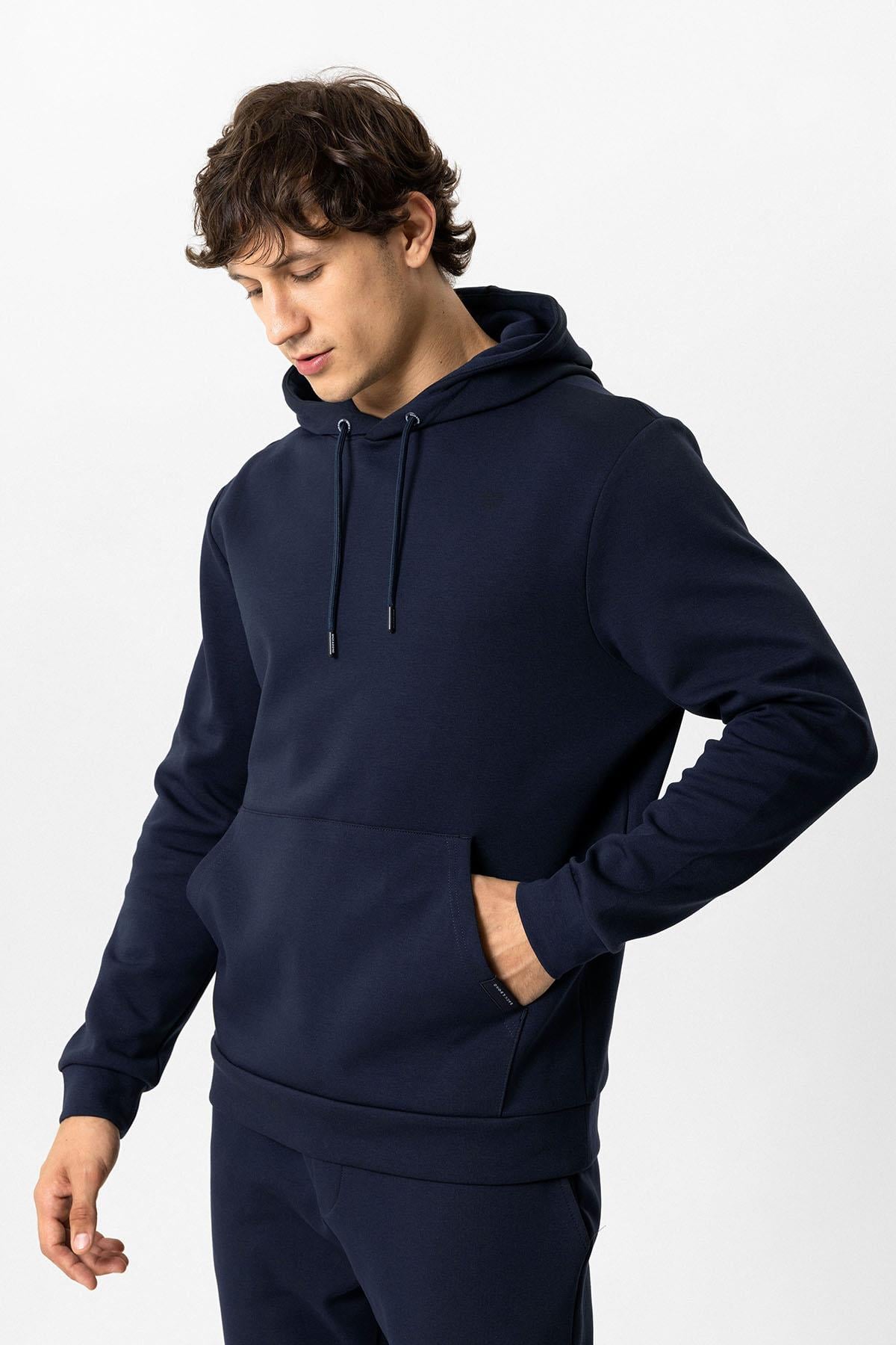 Lacivert Regular Fit Pamuklu Kapüşonlu Kanguru Sweatshirt
