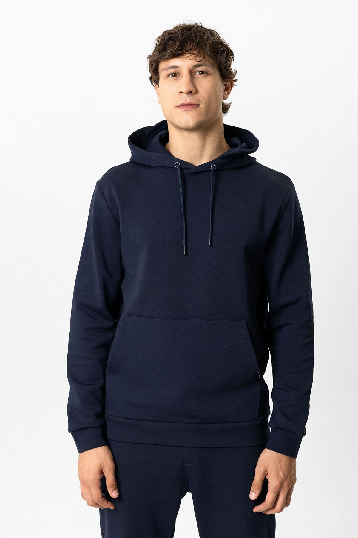 Lacivert Regular Fit Pamuklu Kapüşonlu Kanguru Sweatshirt