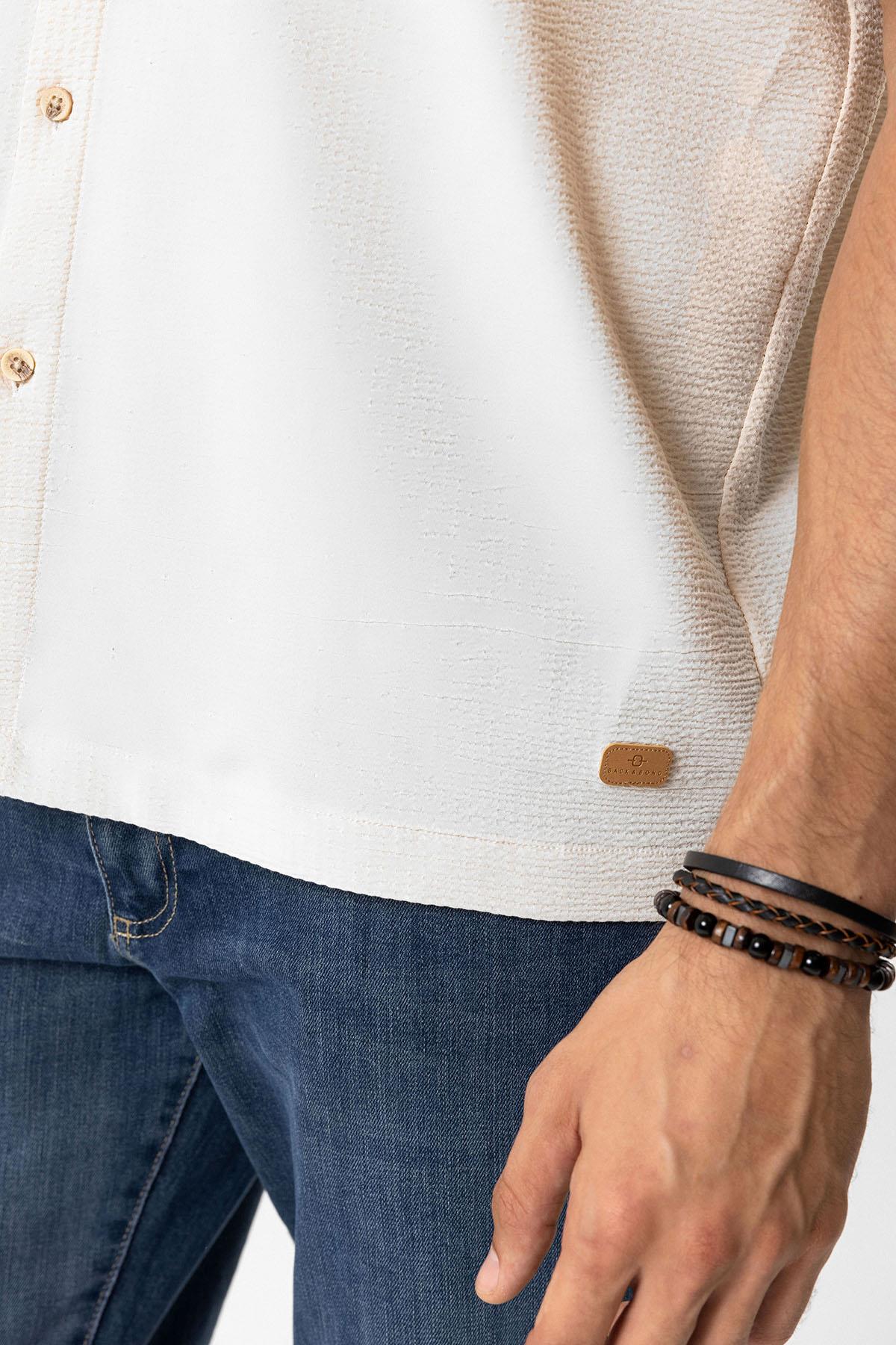 Bej Relaxed Fit Küba Yaka Kısa Kollu Gömlek