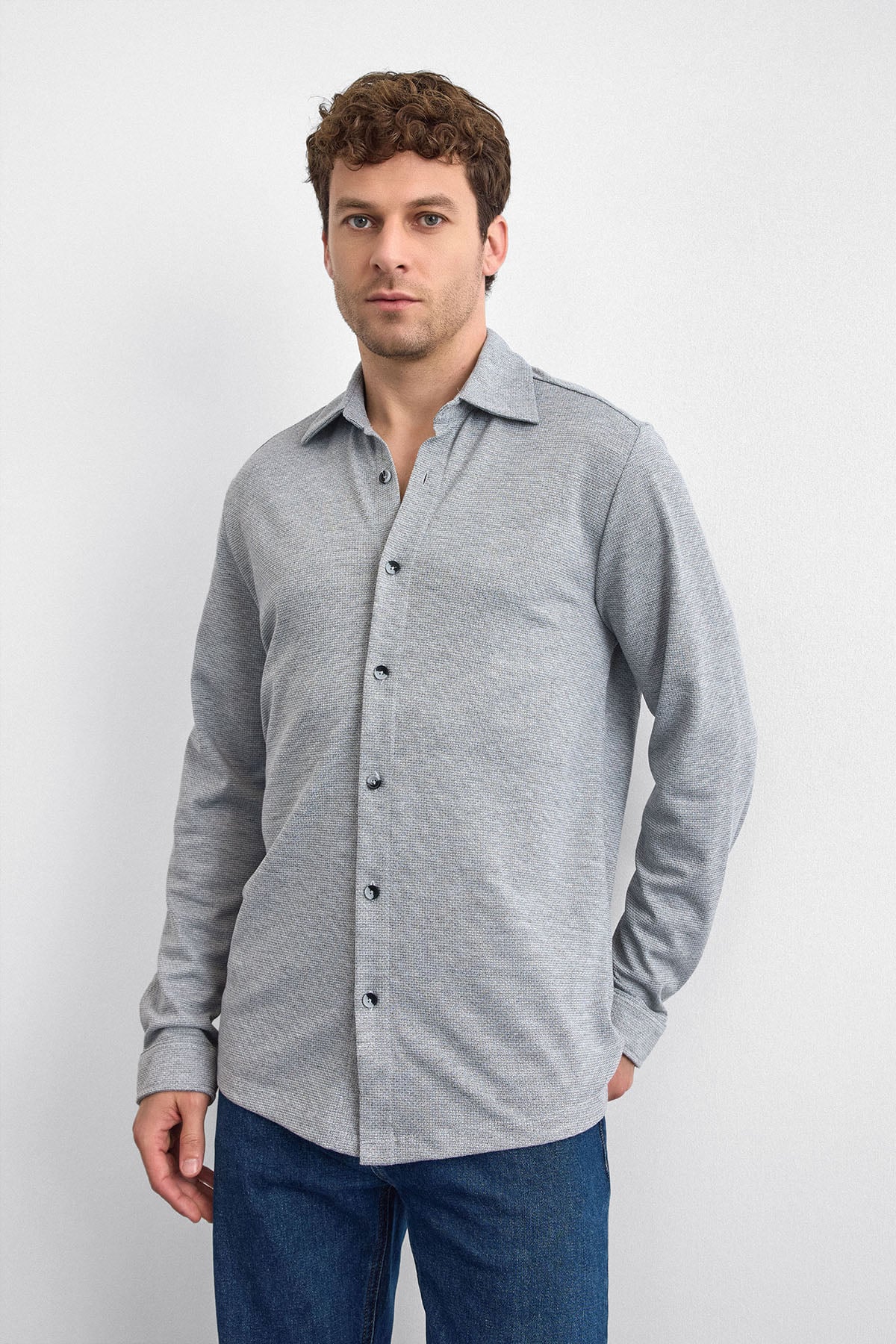 Gri Regular Fit Örme Gömlek