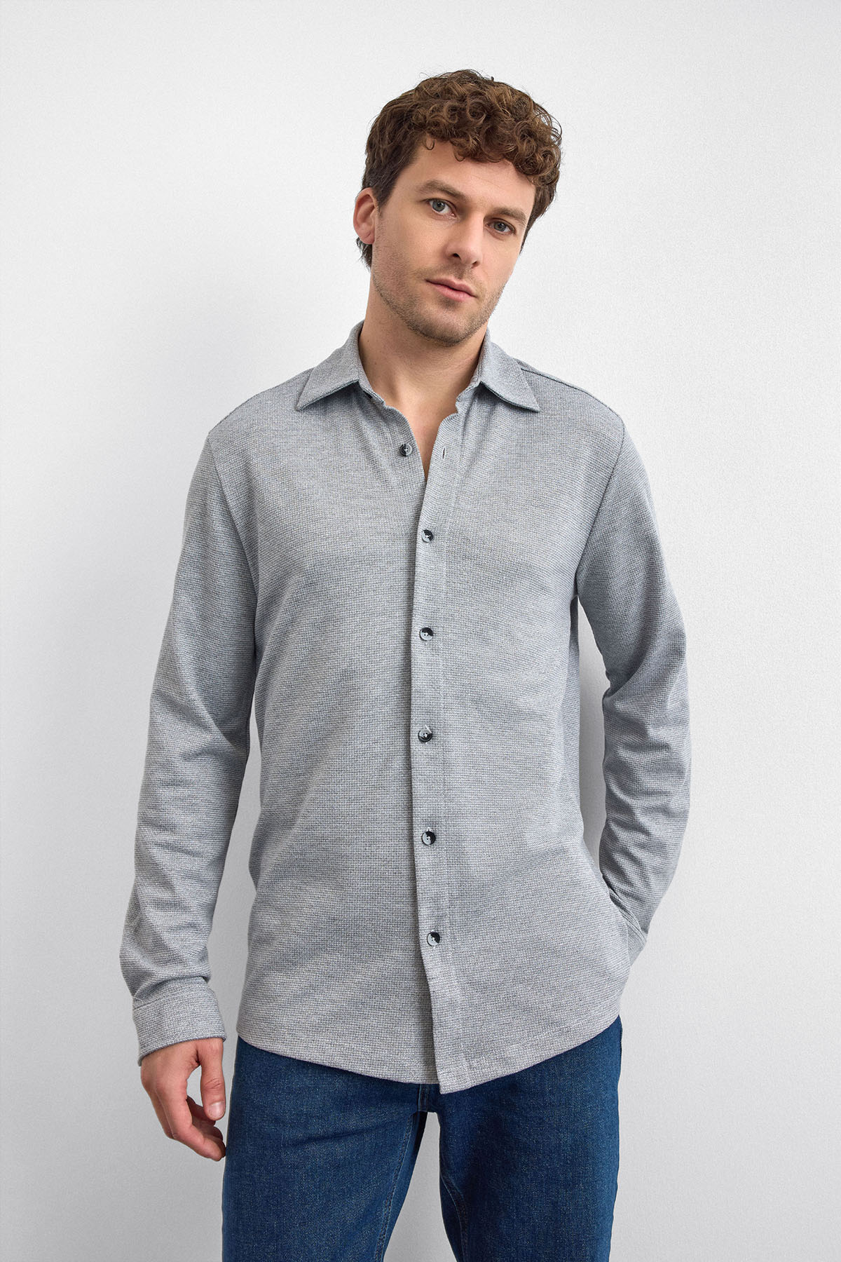 Gri Regular Fit Örme Gömlek