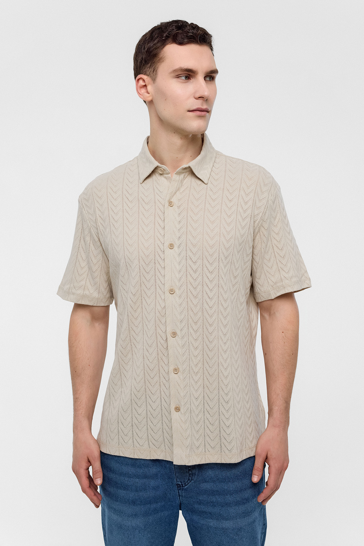 Bej Regular Fit %100 Pamuk Kısa Kollu Gömlek