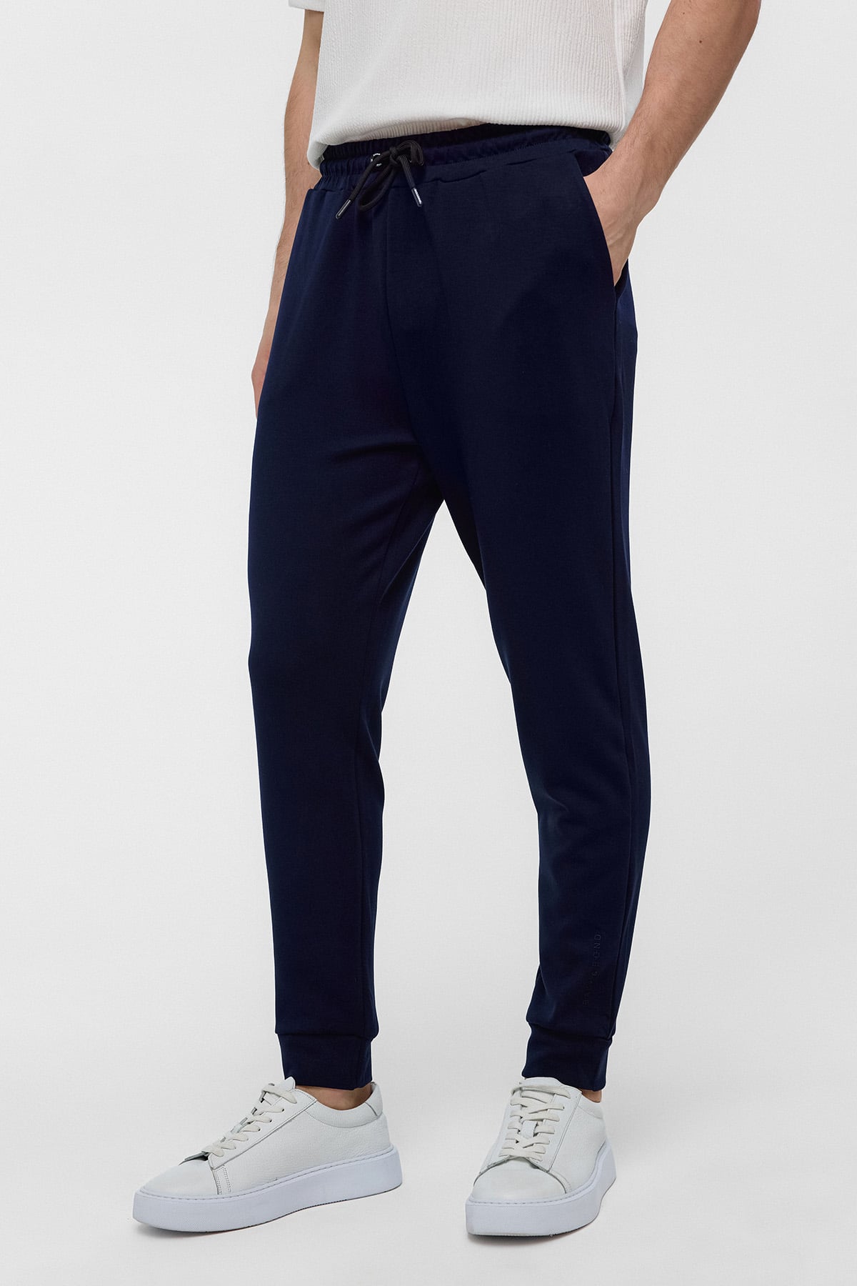 Lacivert Regular Fit Beli Bağlamalı Örme Jogger Pantolon