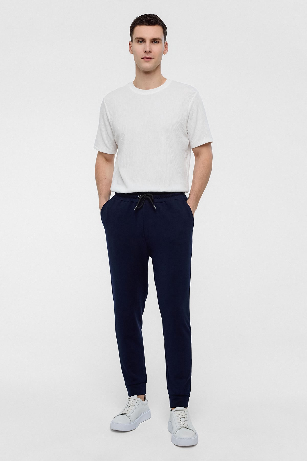 Lacivert Regular Fit Beli Bağlamalı Örme Jogger Pantolon