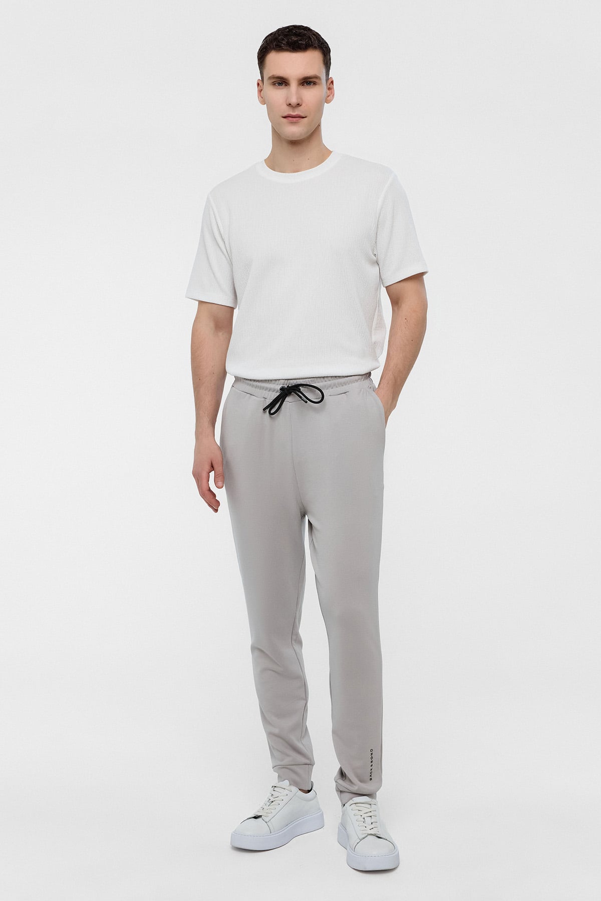 Gri Regular Fit Beli Bağlamalı Örme Jogger Pantolon