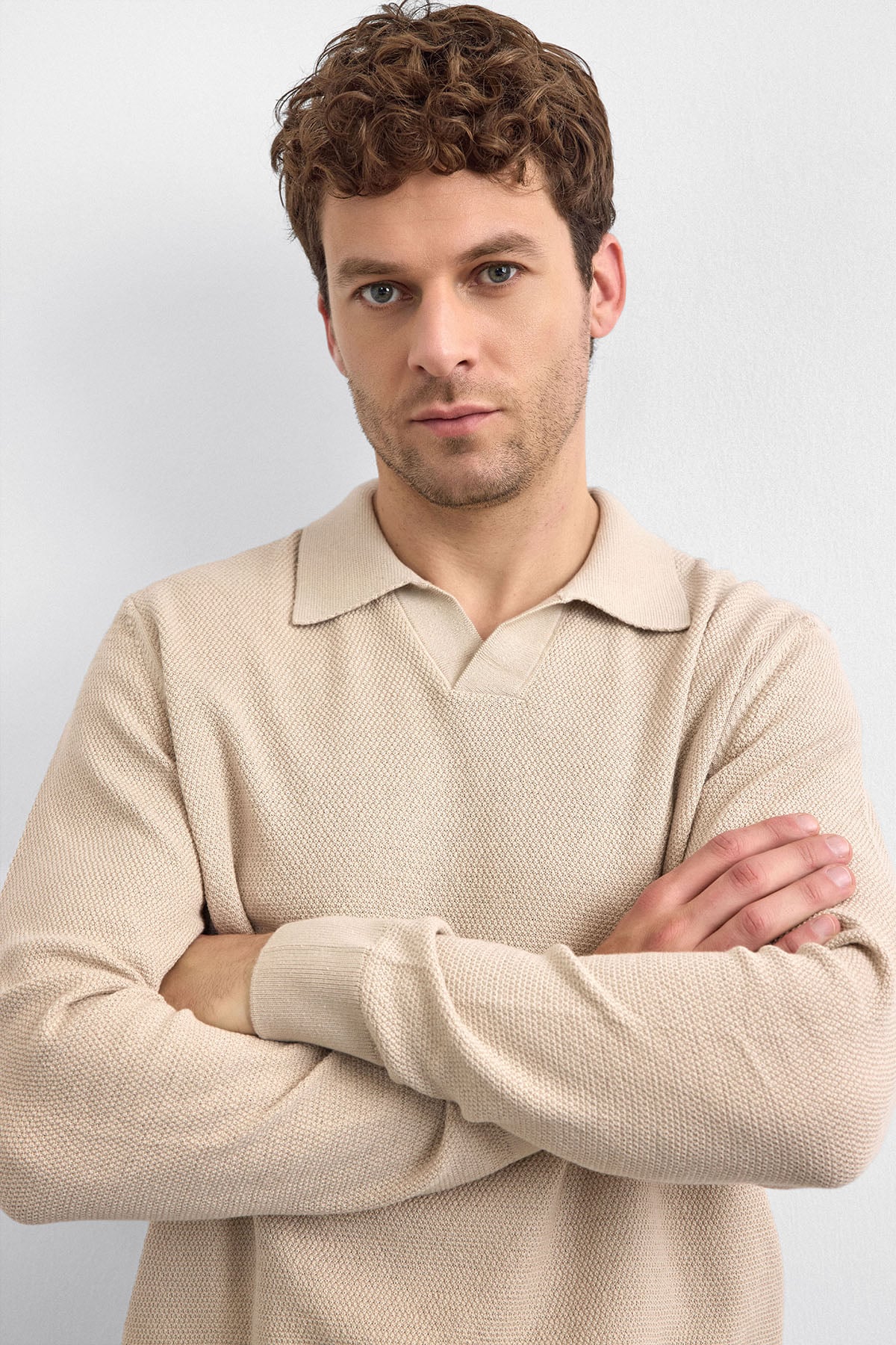 Bej Regular Fit Polo Yaka Triko Kazak