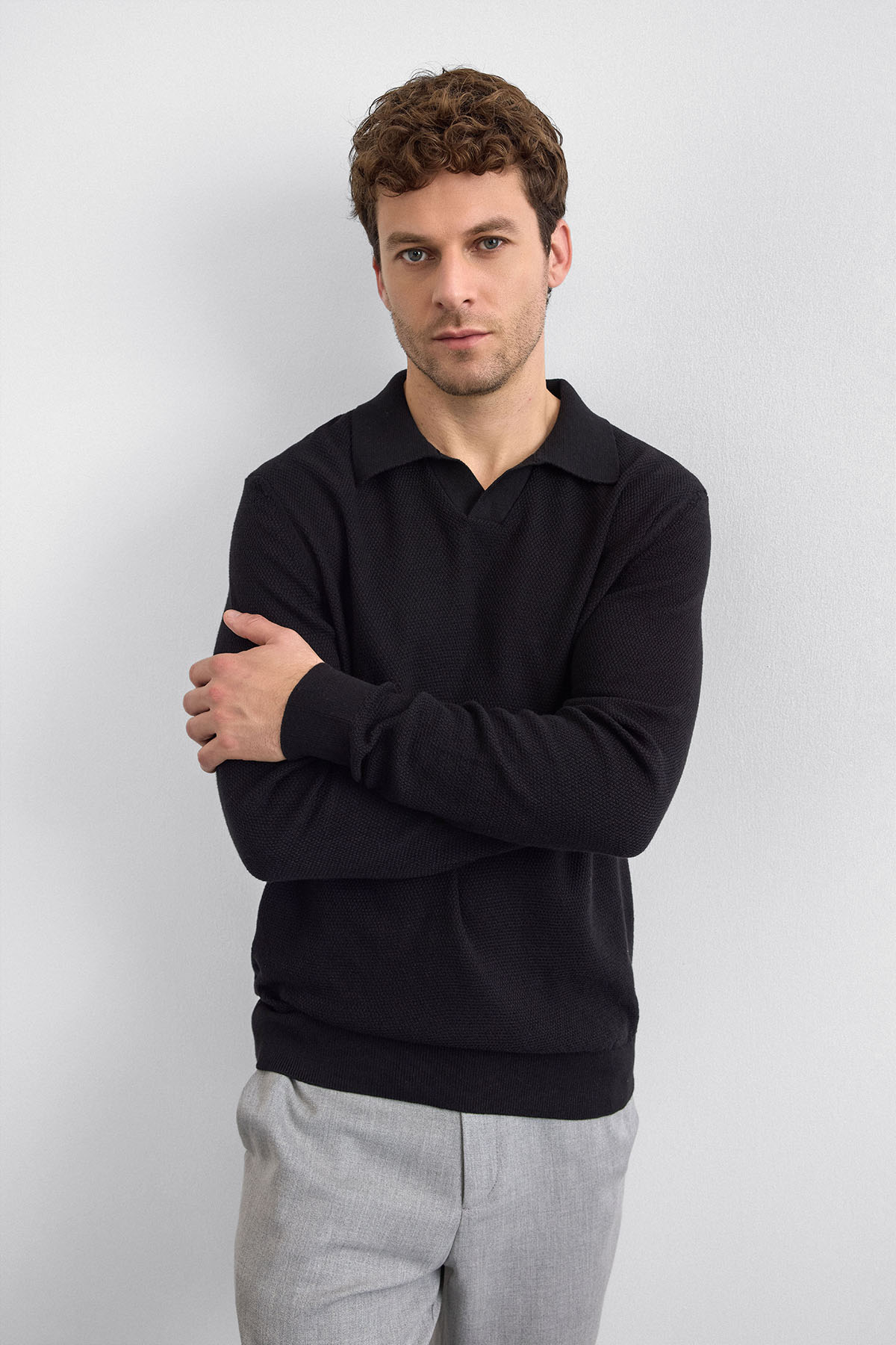 Siyah Regular Fit Polo Yaka Triko Kazak