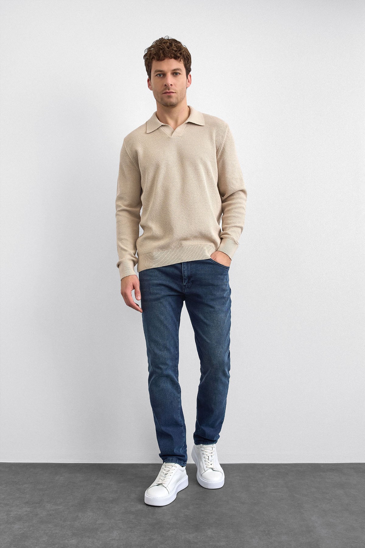 Bej Regular Fit Polo Yaka Triko Kazak