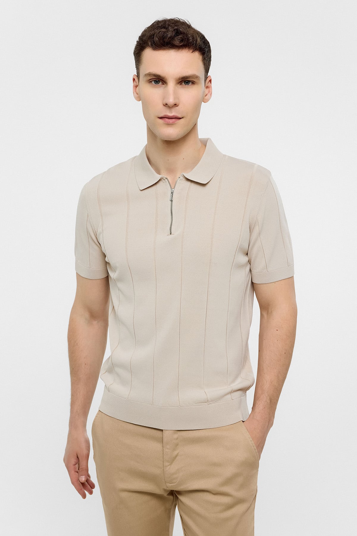 Bej Regular Fit Polo Yaka Triko Tişört