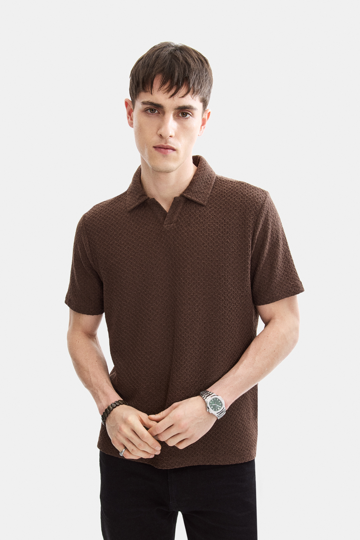 Kahve Regular Fit Örme Polo Yaka Tişört