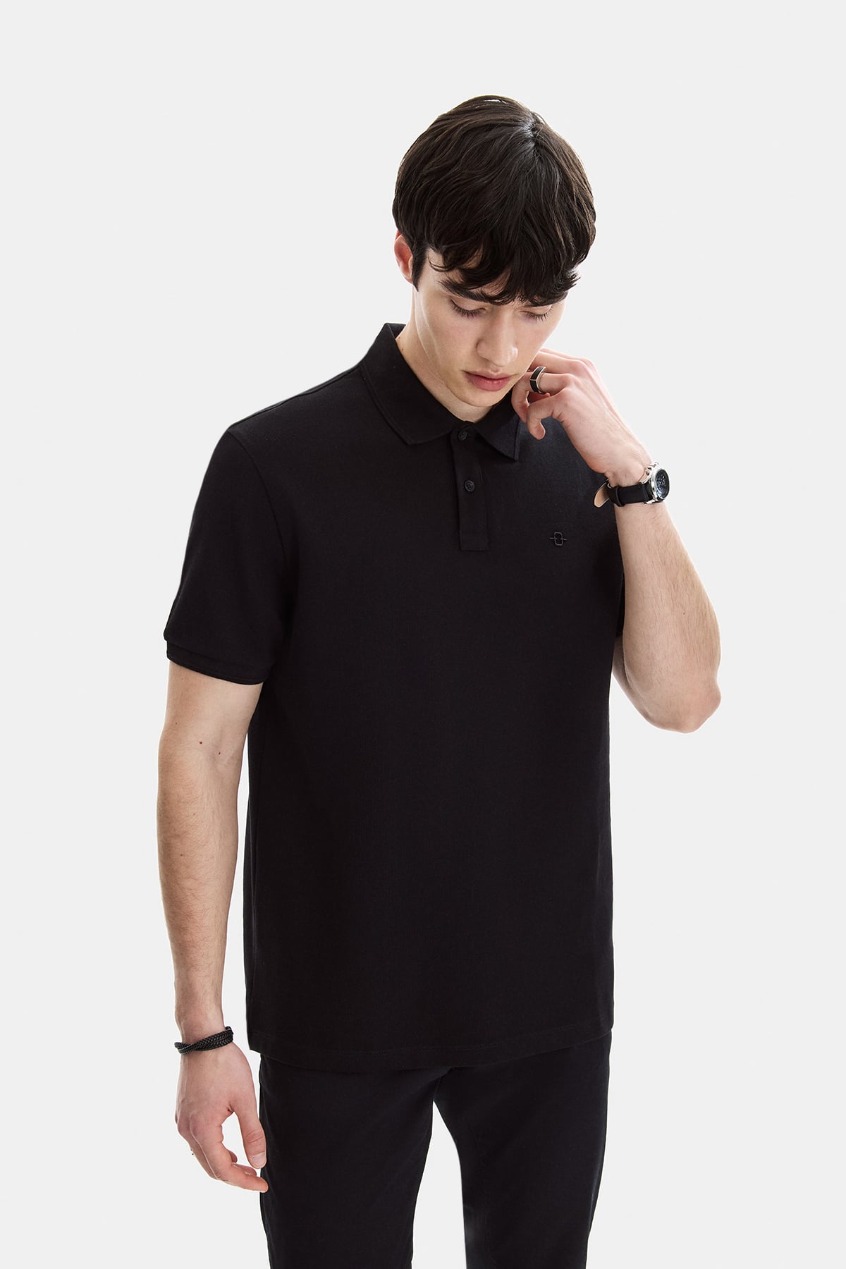 Siyah Regular Fit Örme Polo Yaka Tişört