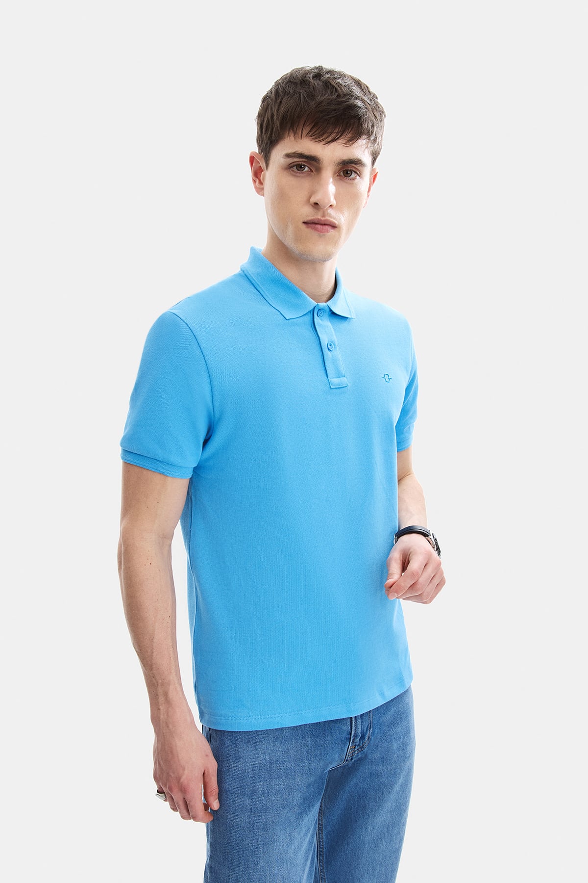 Gök Mavi Regular Fit Örme Polo YakaTişört