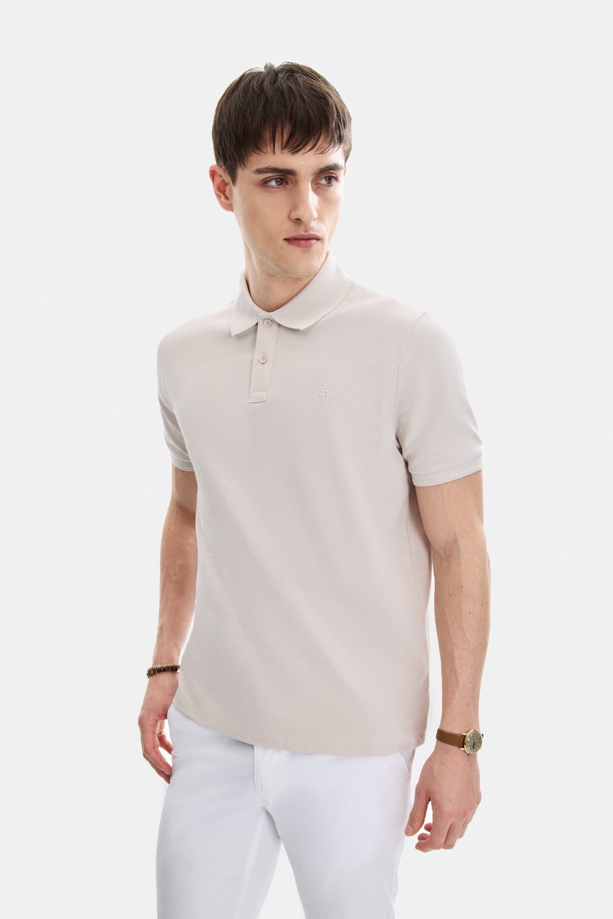 Bej Regular Fit Örme Polo Yaka Tişört