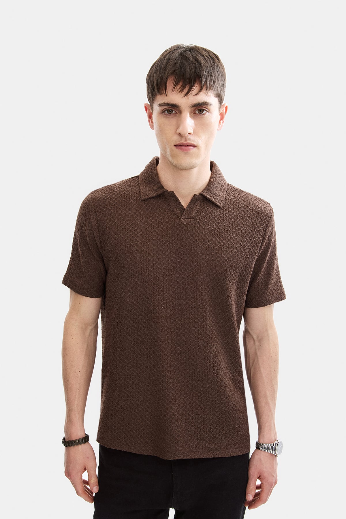 Kahve Regular Fit Örme Polo Yaka Tişört