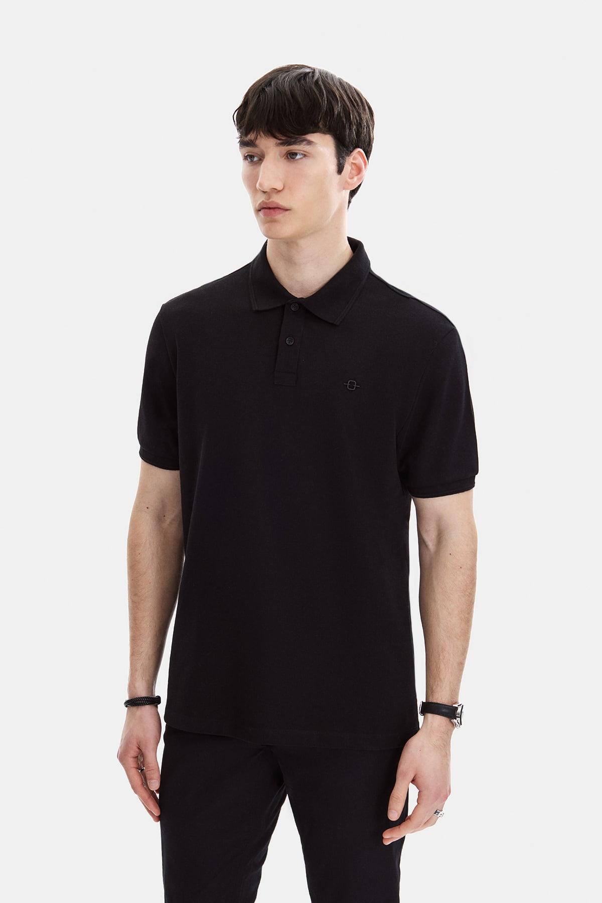 Siyah Regular Fit Örme Polo Yaka Tişört