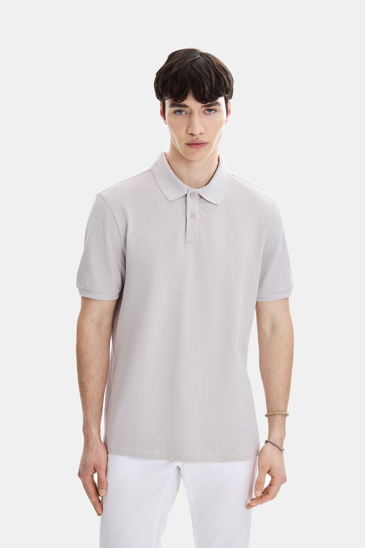 Açık Gri Regular Fit Örme Polo Yaka Tişört