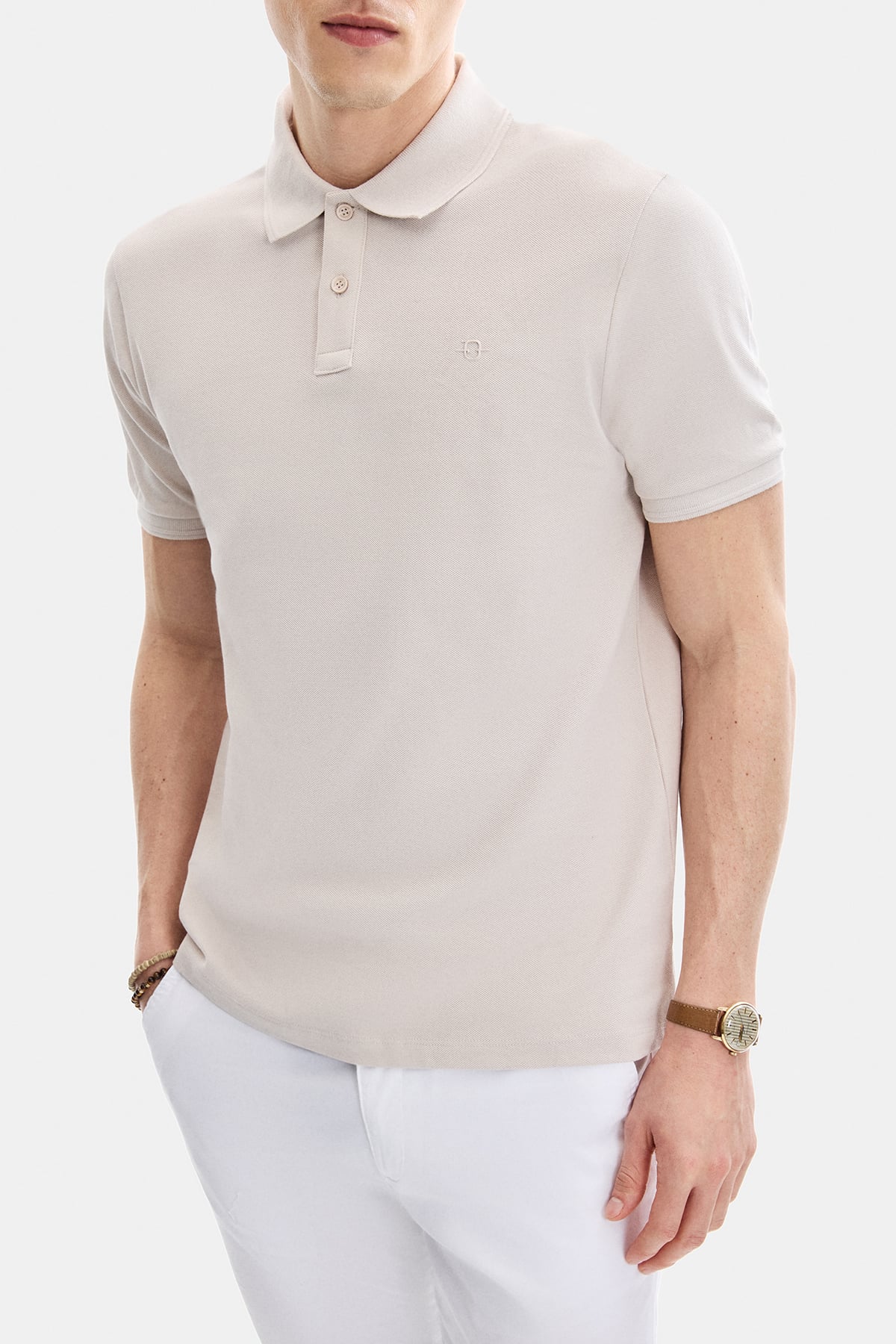 Bej Regular Fit Örme Polo Yaka Tişört