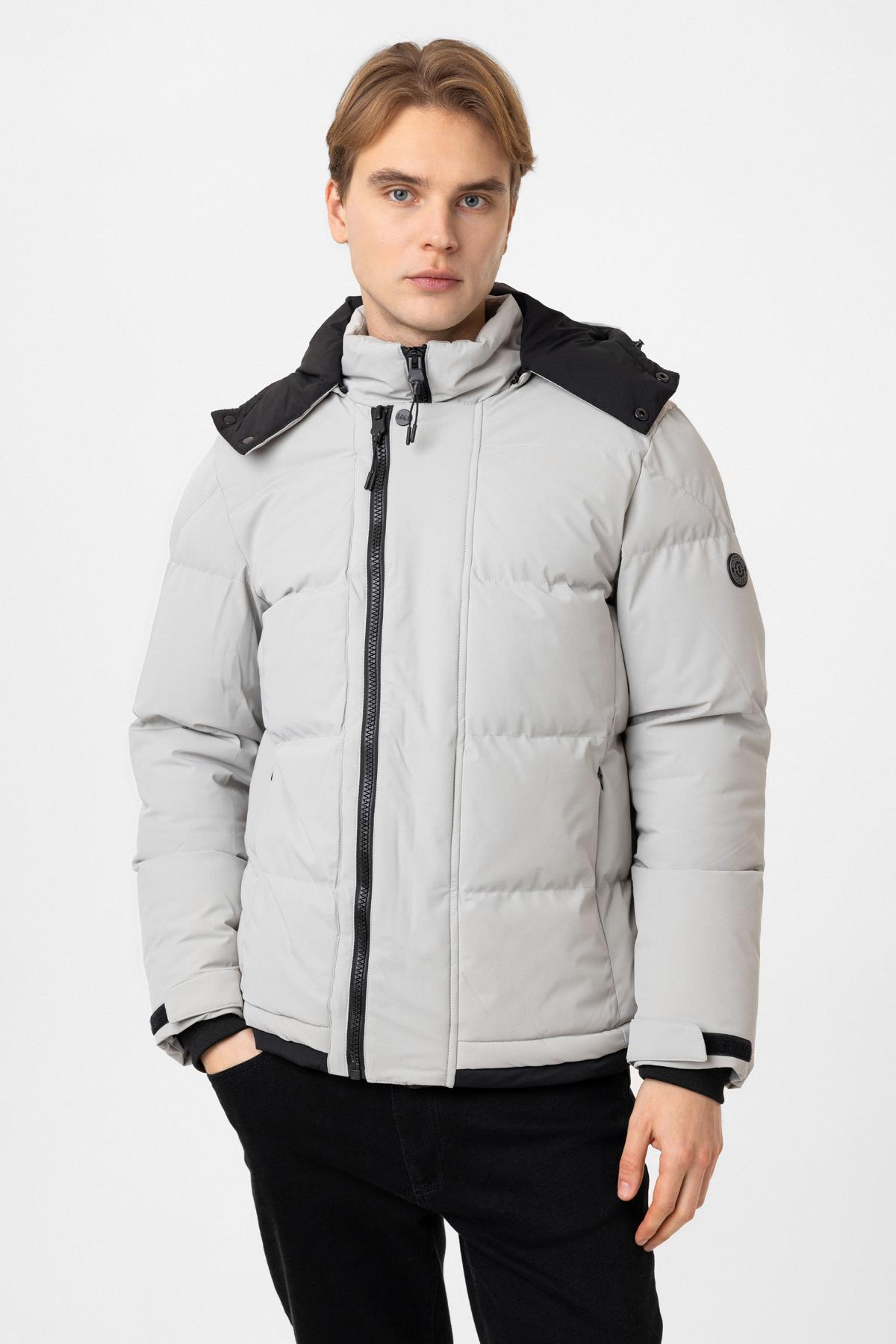 Açık Gri Regular Fit Kapüşonlu Puffer Mont