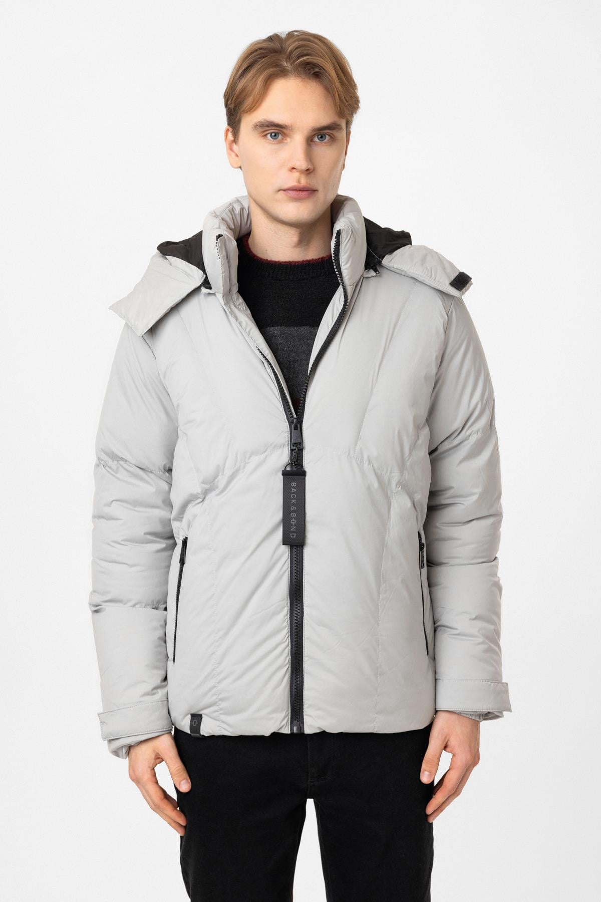 Açık Gri Regular Fit Kapüşonlu Puffer Mont