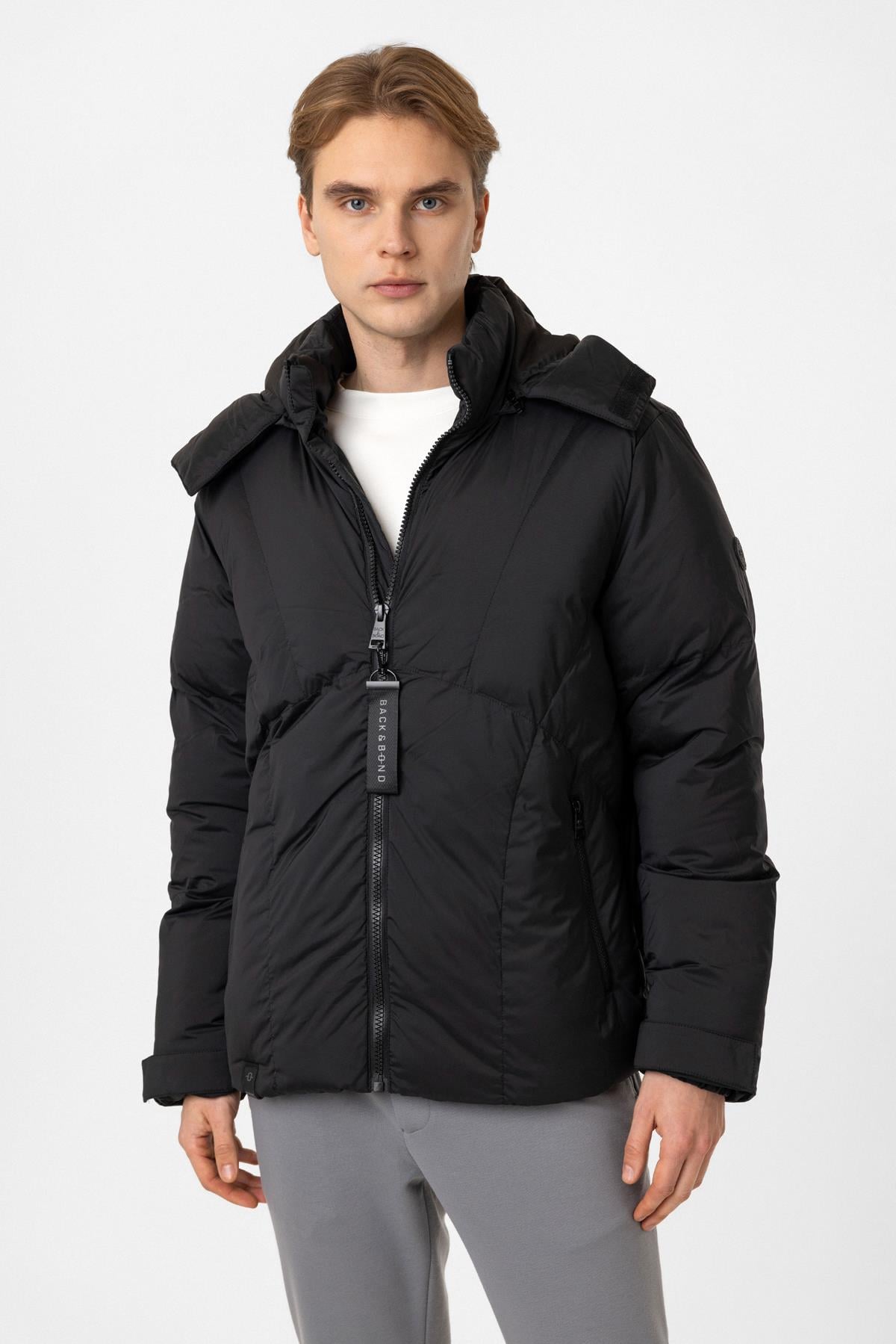 Siyah Regular Fit Kapüşonlu Puffer Mont