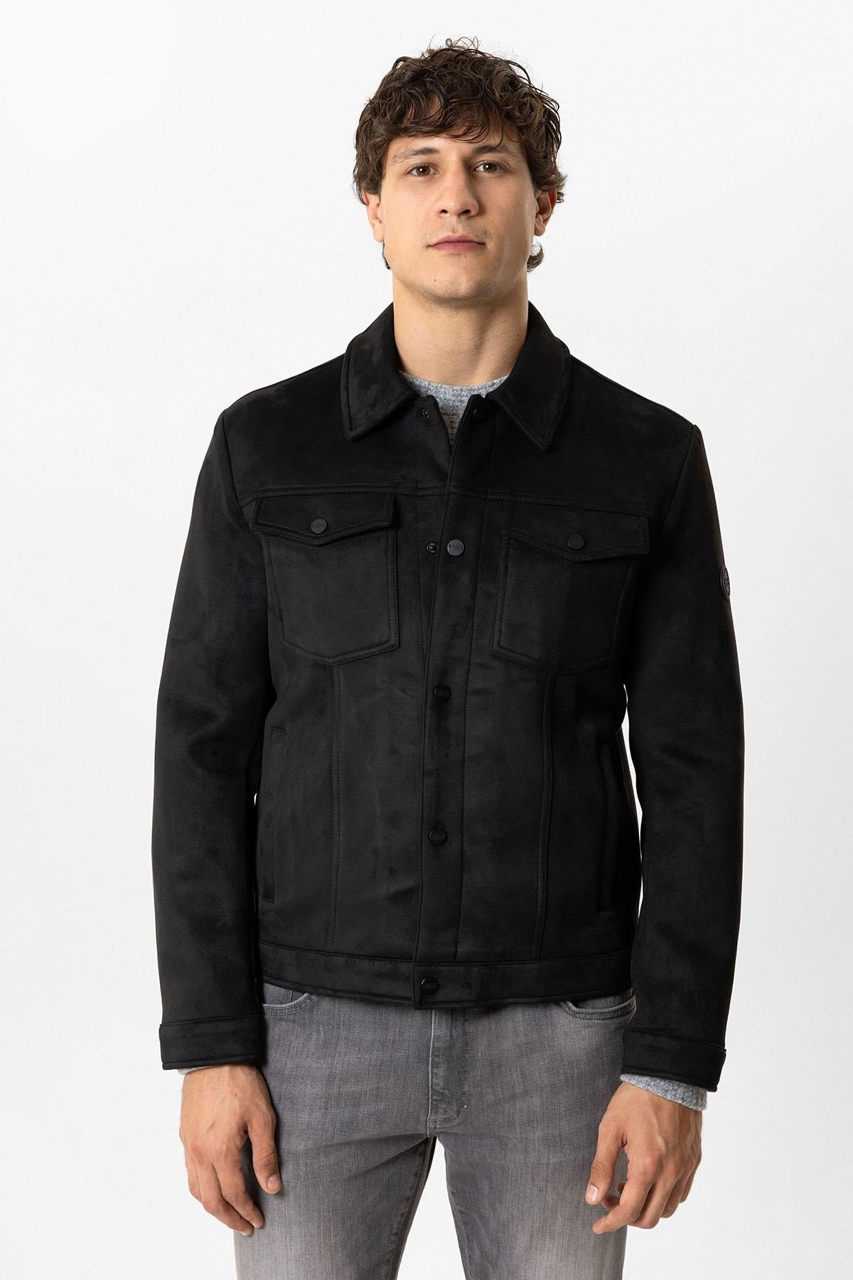 Siyah Regular Fit Gömlek Yaka Süet Ceket