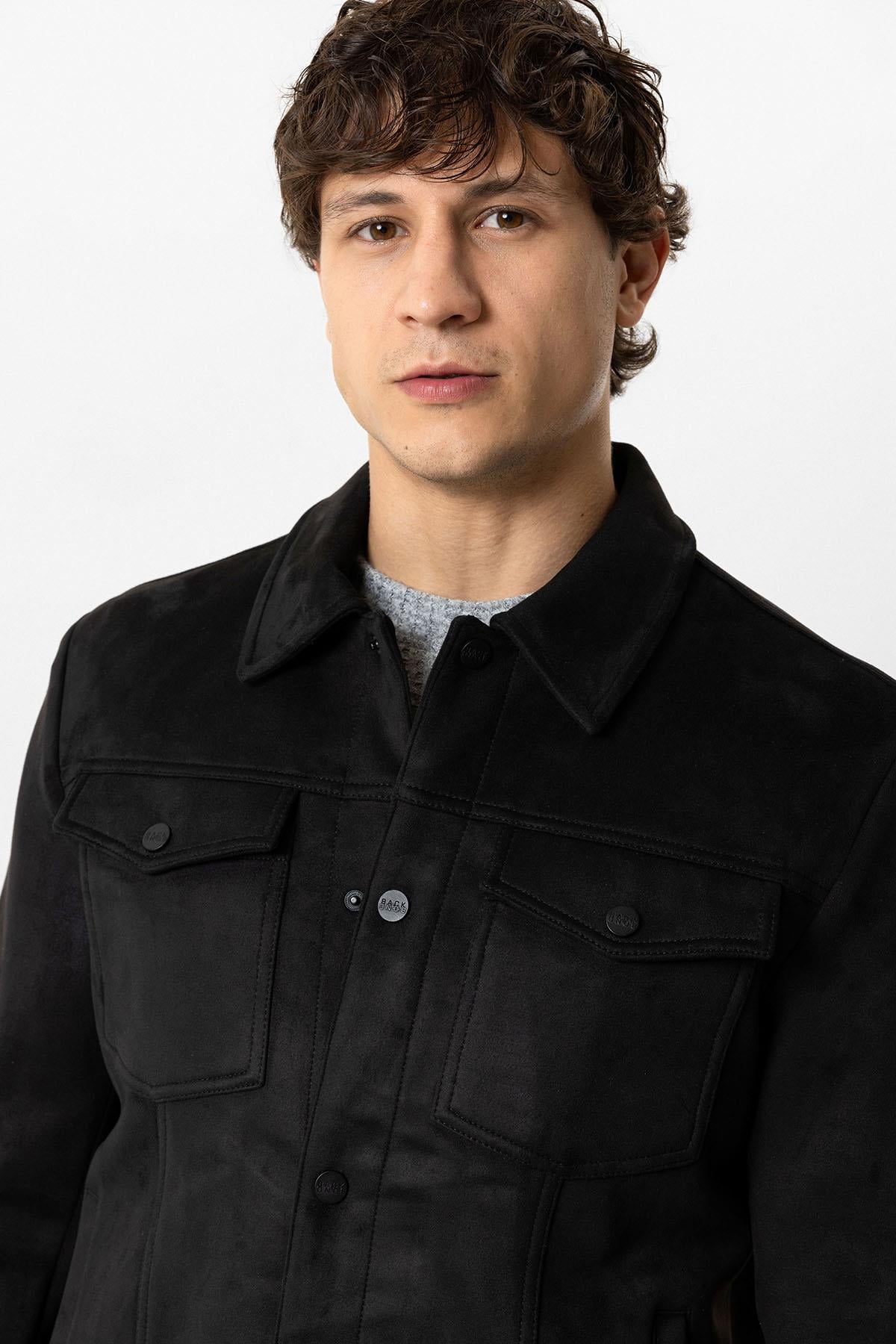 Siyah Regular Fit Gömlek Yaka Süet Ceket