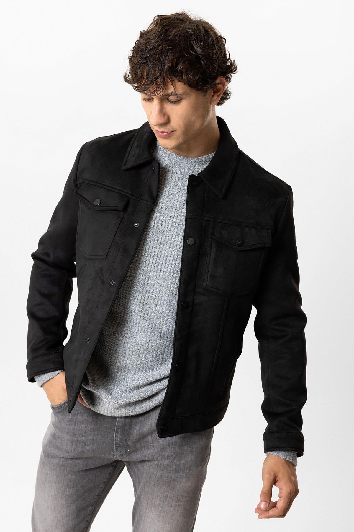 Siyah Regular Fit Gömlek Yaka Süet Ceket