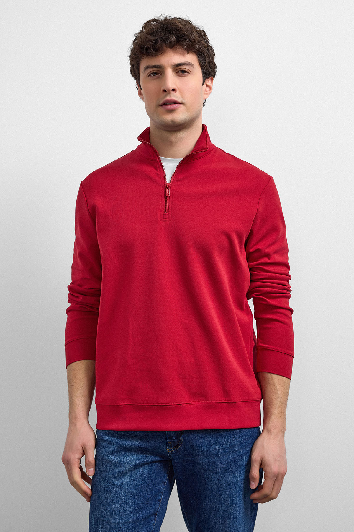 Kırmızı Regular Fit Yarım Fermuarlı Sweatshirt