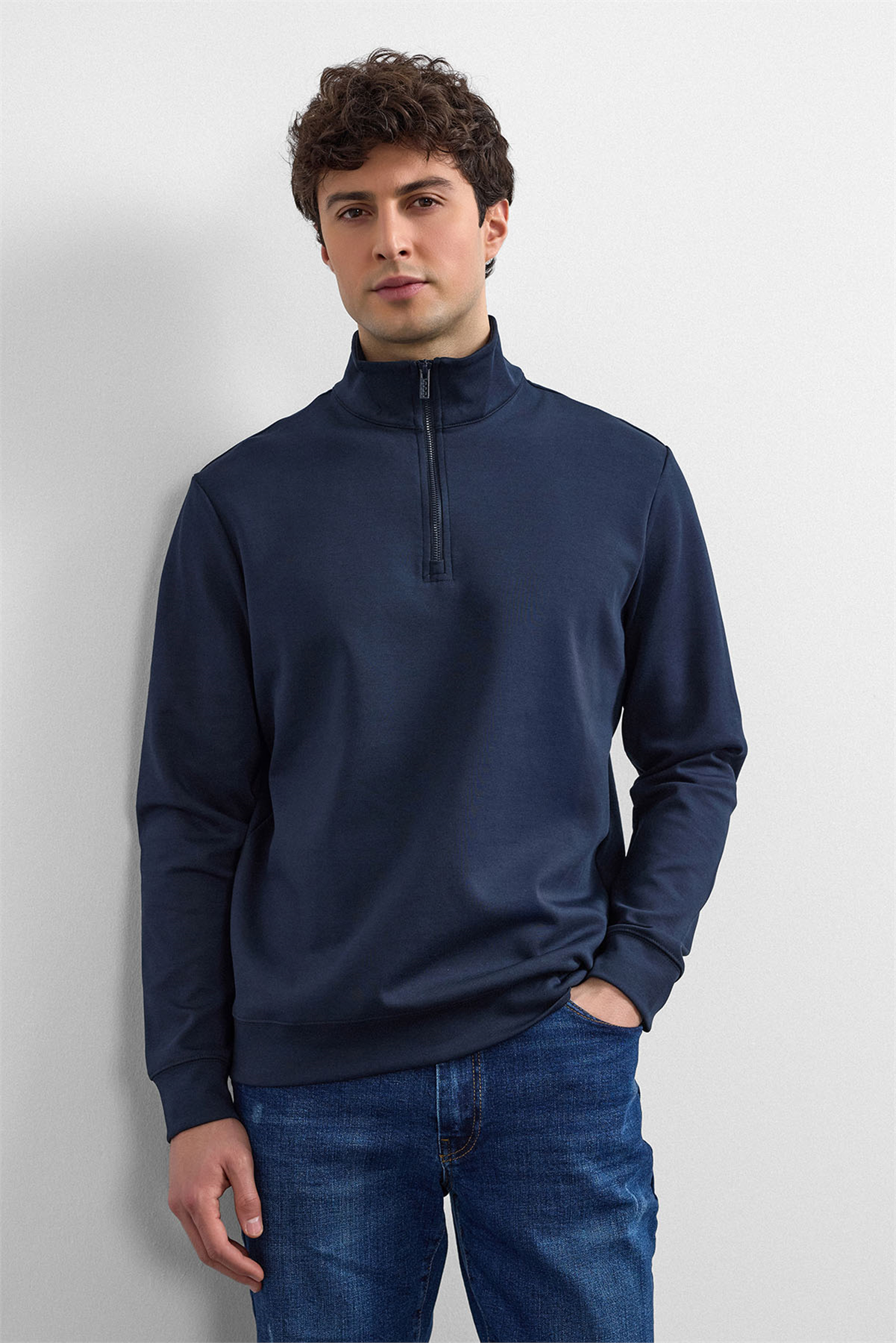 Lacivert Regular Fit Yarım Fermuarlı Sweatshirt