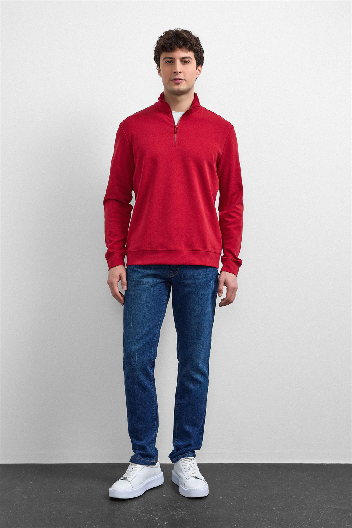 Kırmızı Regular Fit Yarım Fermuarlı Sweatshirt