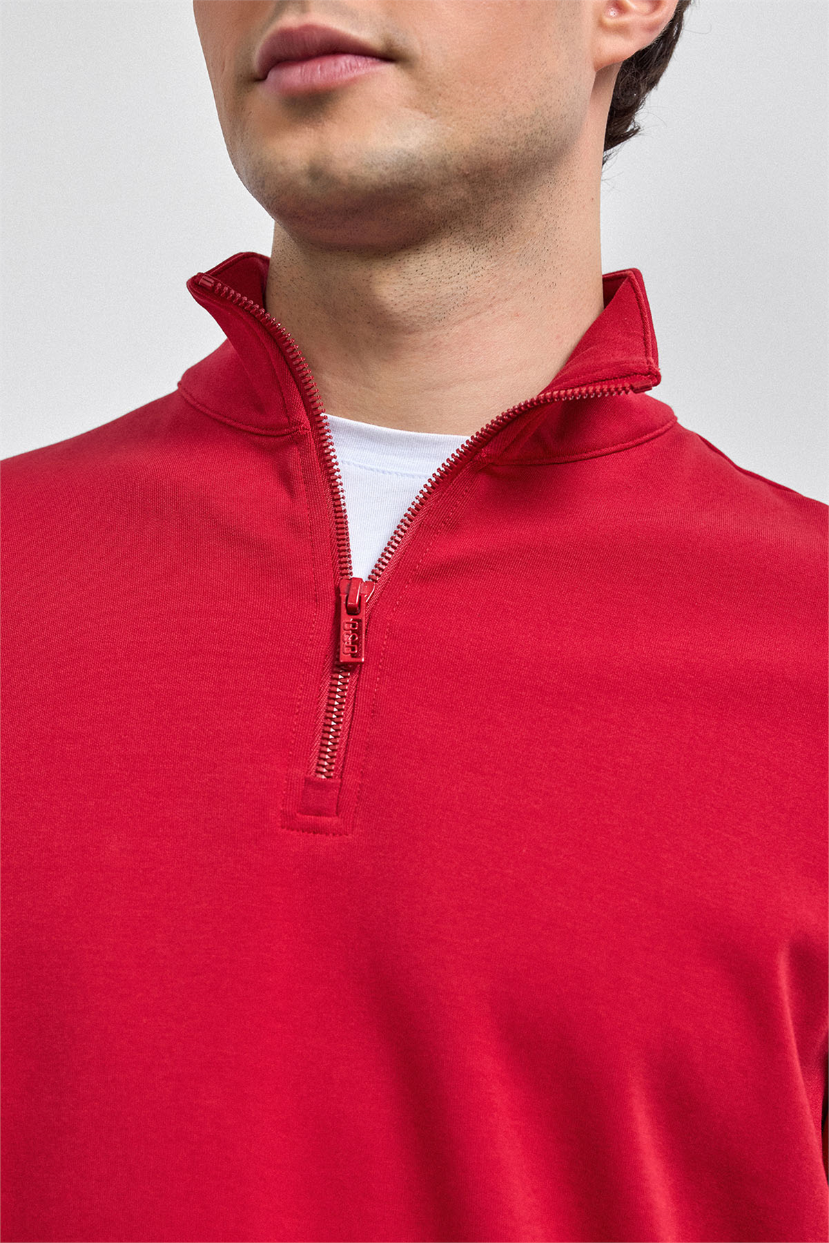 Kırmızı Regular Fit Yarım Fermuarlı Sweatshirt