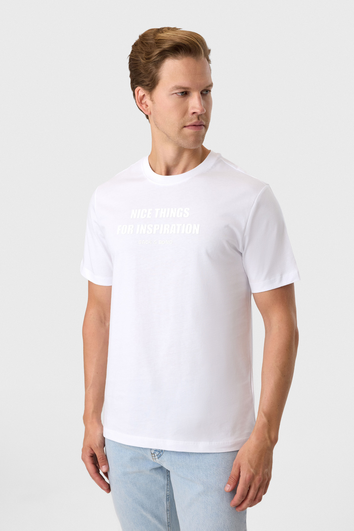 Relaxed Fit Baskılı Beyaz Bisiklet Yaka Tişört