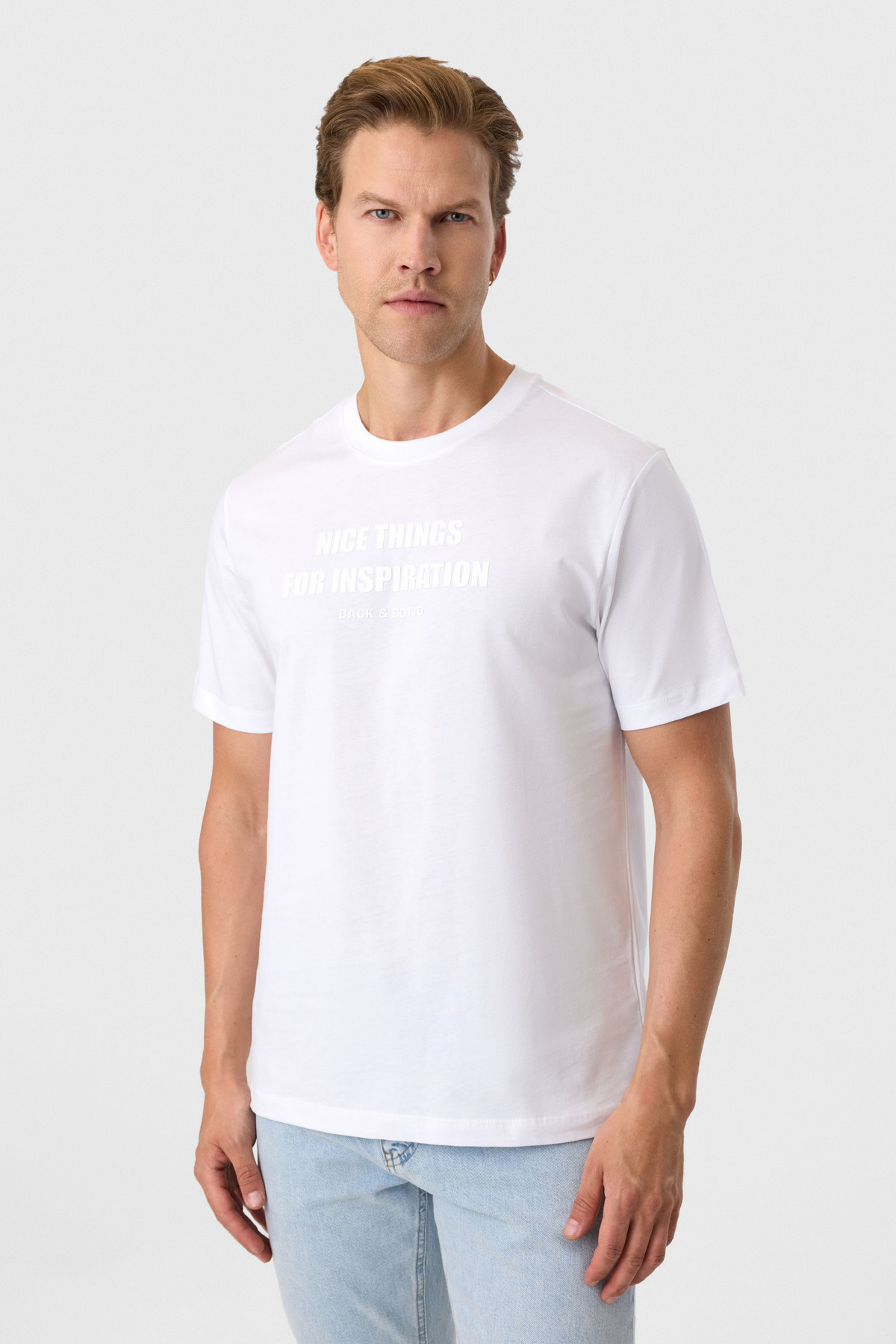 Relaxed Fit Baskılı Beyaz Bisiklet Yaka Tişört