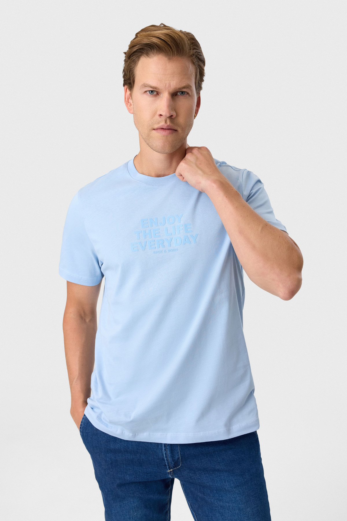 Relaxed Fit Baskılı Mavi Bisiklet Yaka Tişört