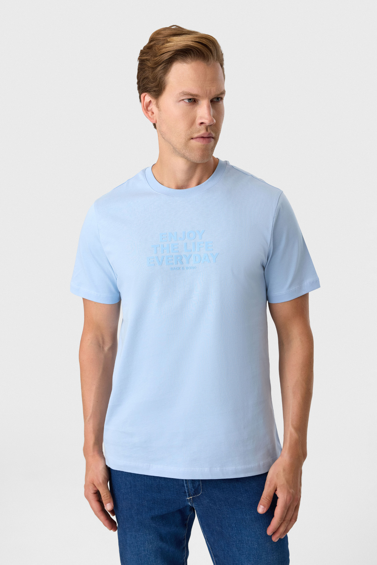 Relaxed Fit Baskılı Mavi Bisiklet Yaka Tişört