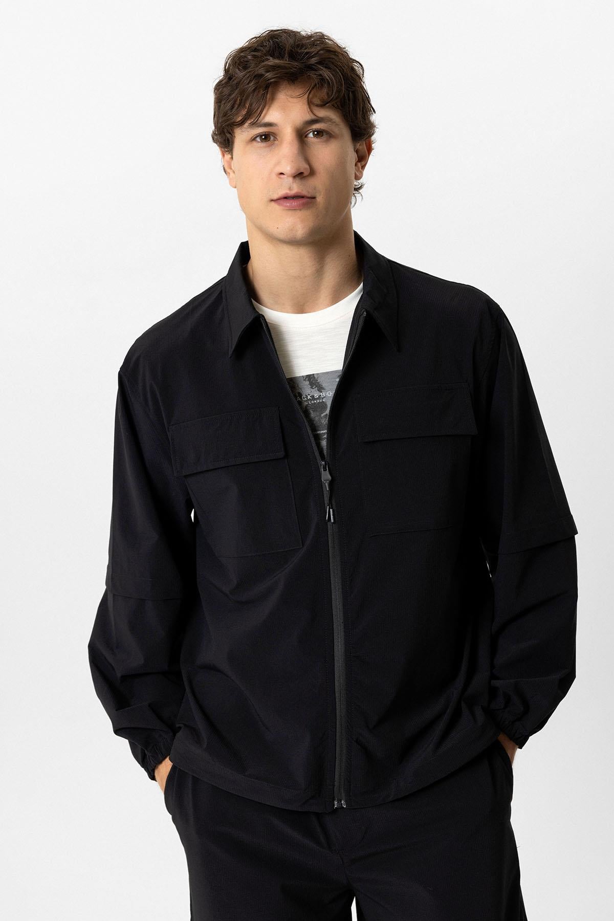 Siyah Relaxed Fit Gömlek Yaka Fermuarlı Sweatshirt
