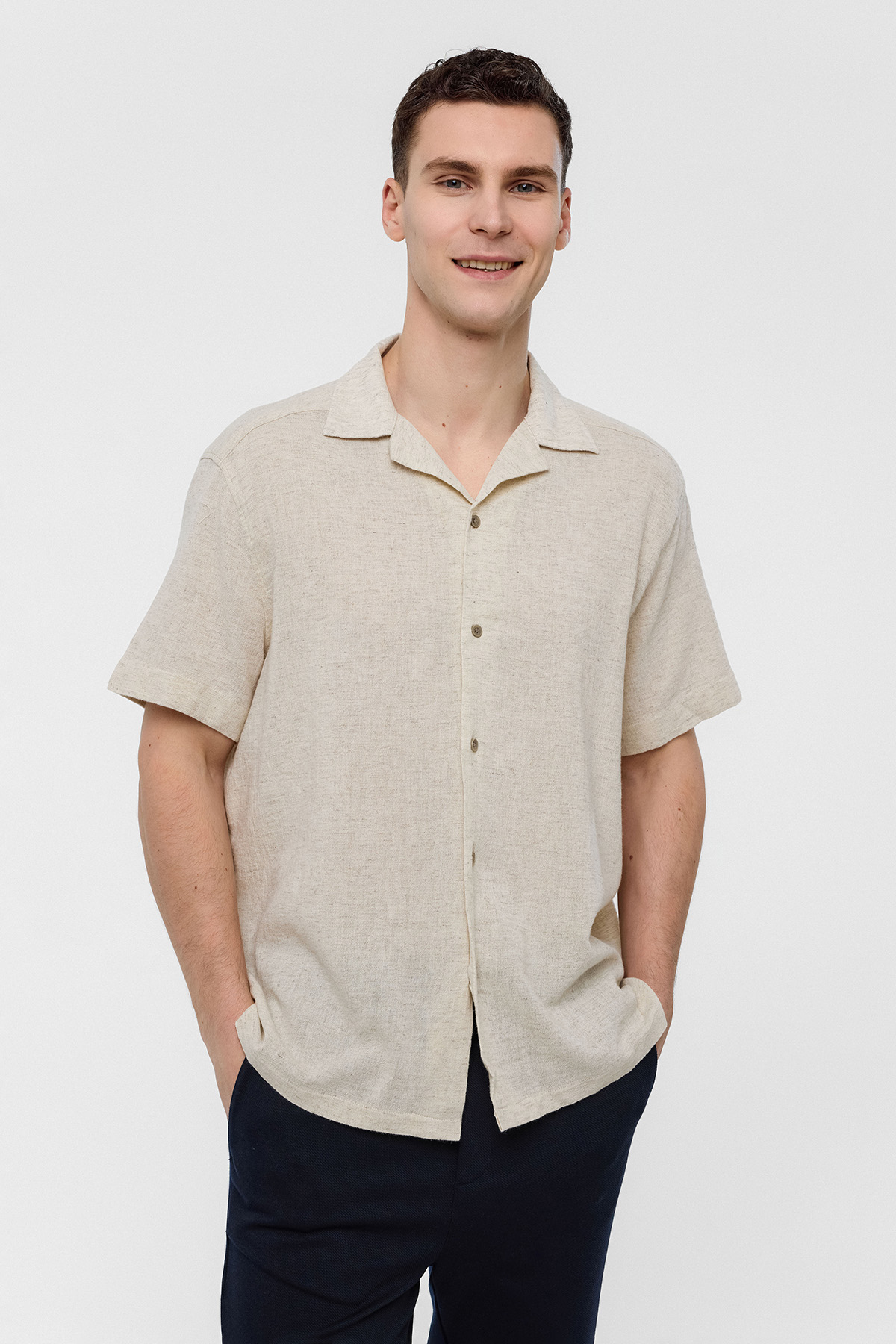 Natural Relaxed Fit Küba Yaka Kısa Kollu Gömlek