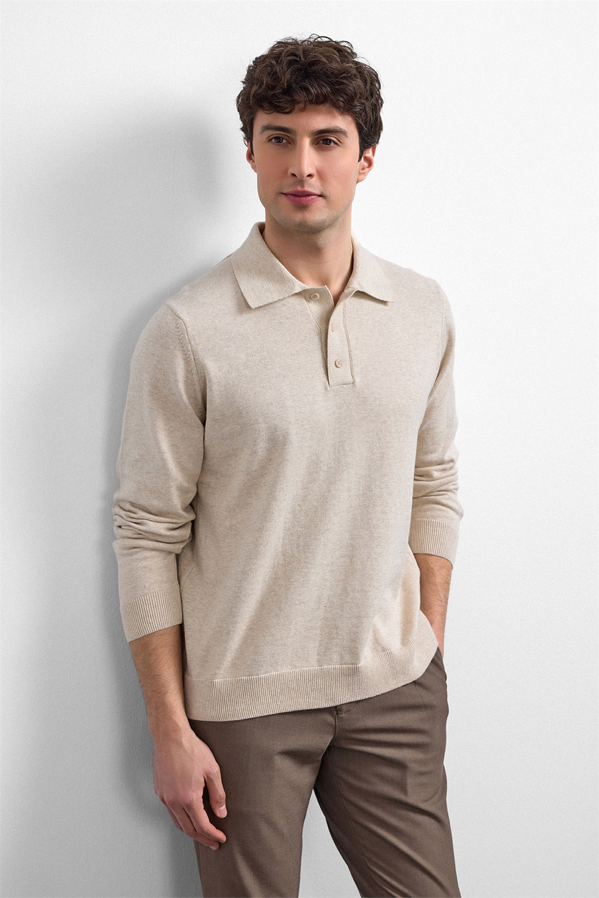 Bej Relaxed Fit Polo Yaka Triko Kazak