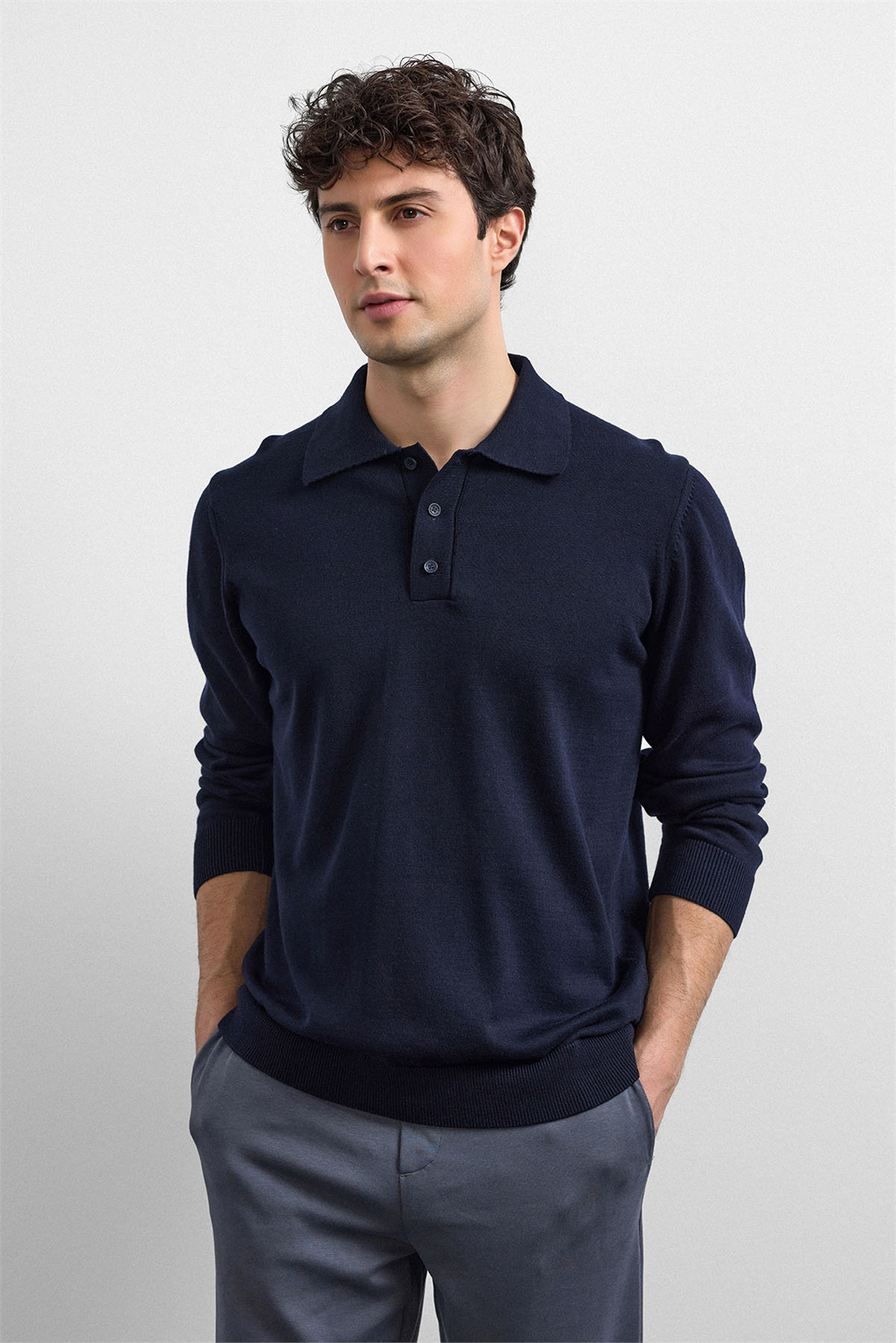Lacivert Relaxed Fit Polo Yaka Triko Kazak