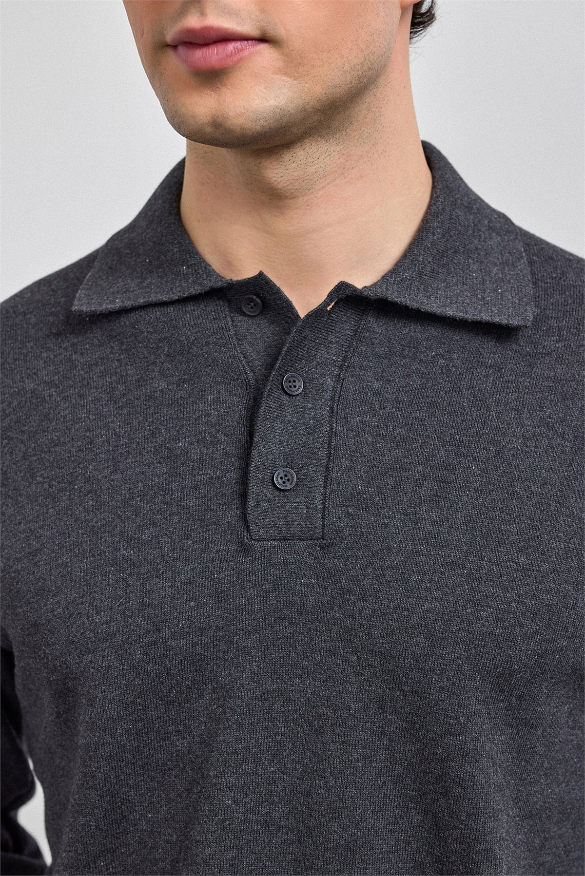 Antrasit Relaxed Fit Polo Yaka Triko Kazak