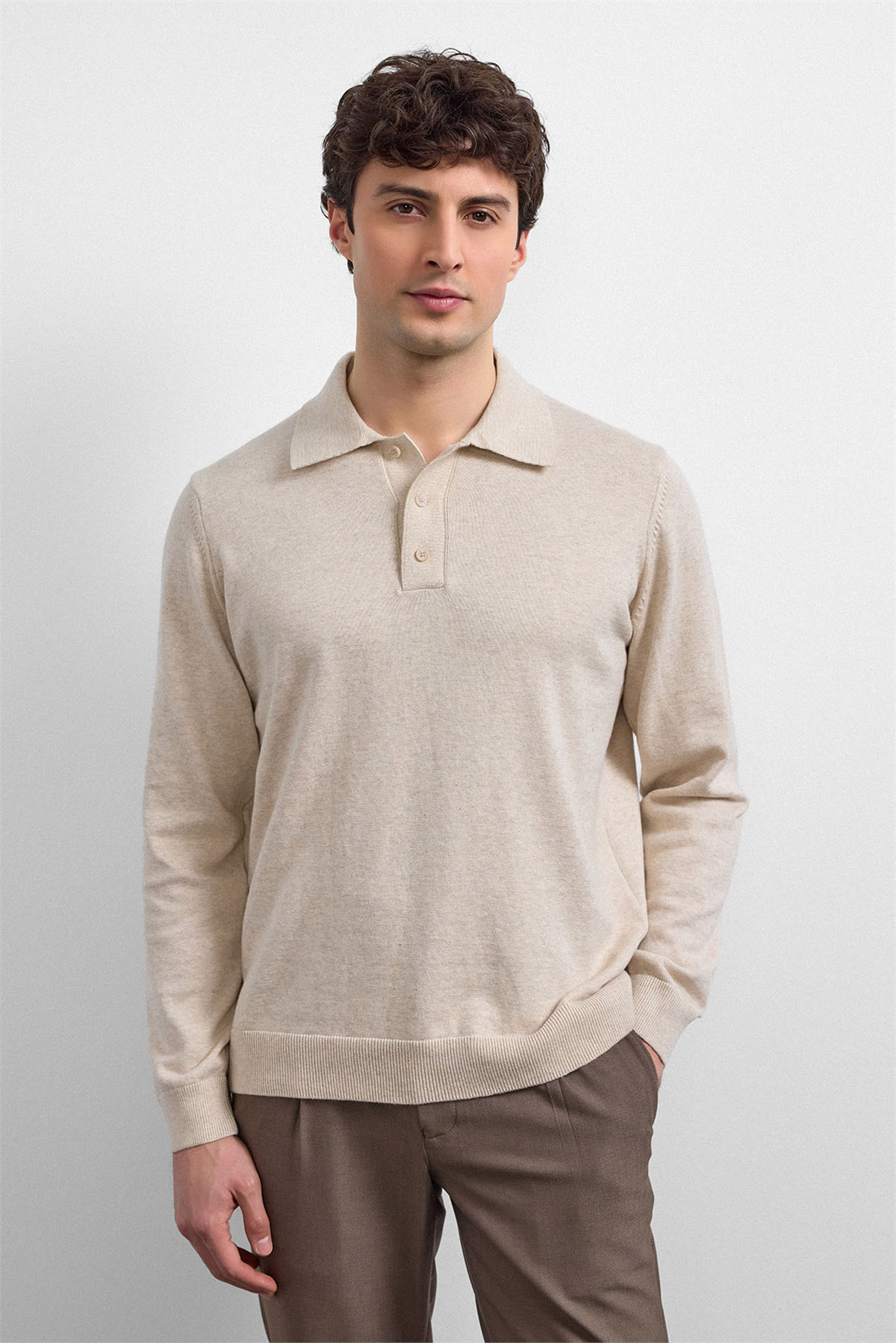 Bej Relaxed Fit Polo Yaka Triko Kazak