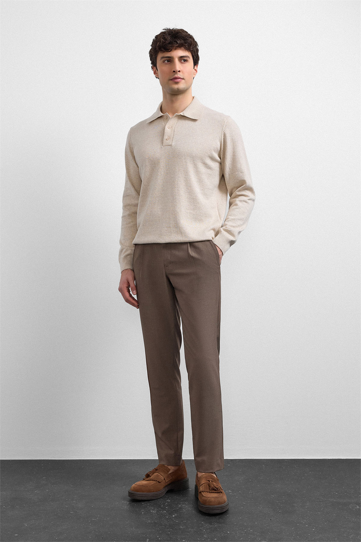 Bej Relaxed Fit Polo Yaka Triko Kazak