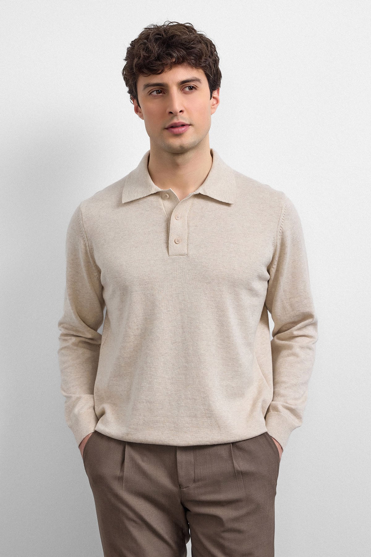 Bej Relaxed Fit Polo Yaka Triko Kazak