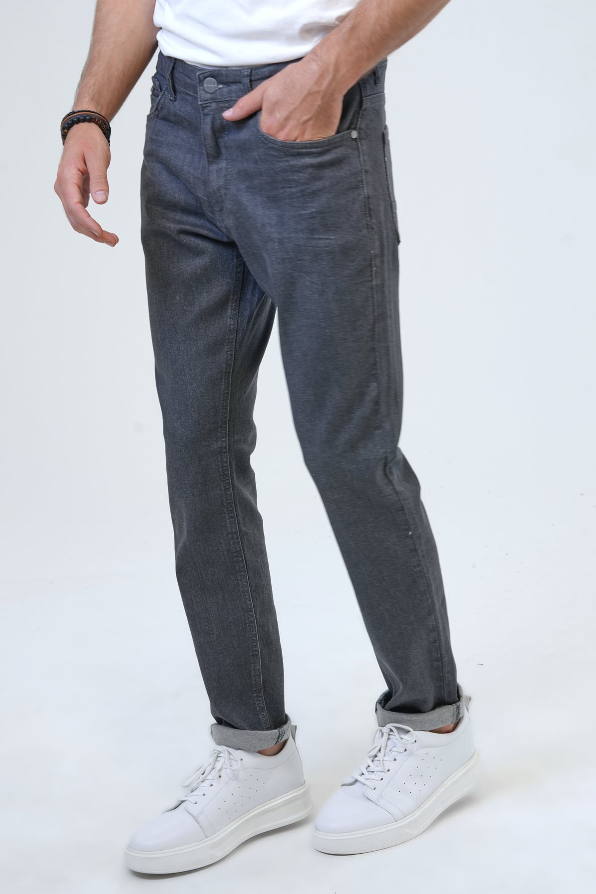 Koyu Gri Slim Fit 5 Cepli Pamuklu Denim Pantolon