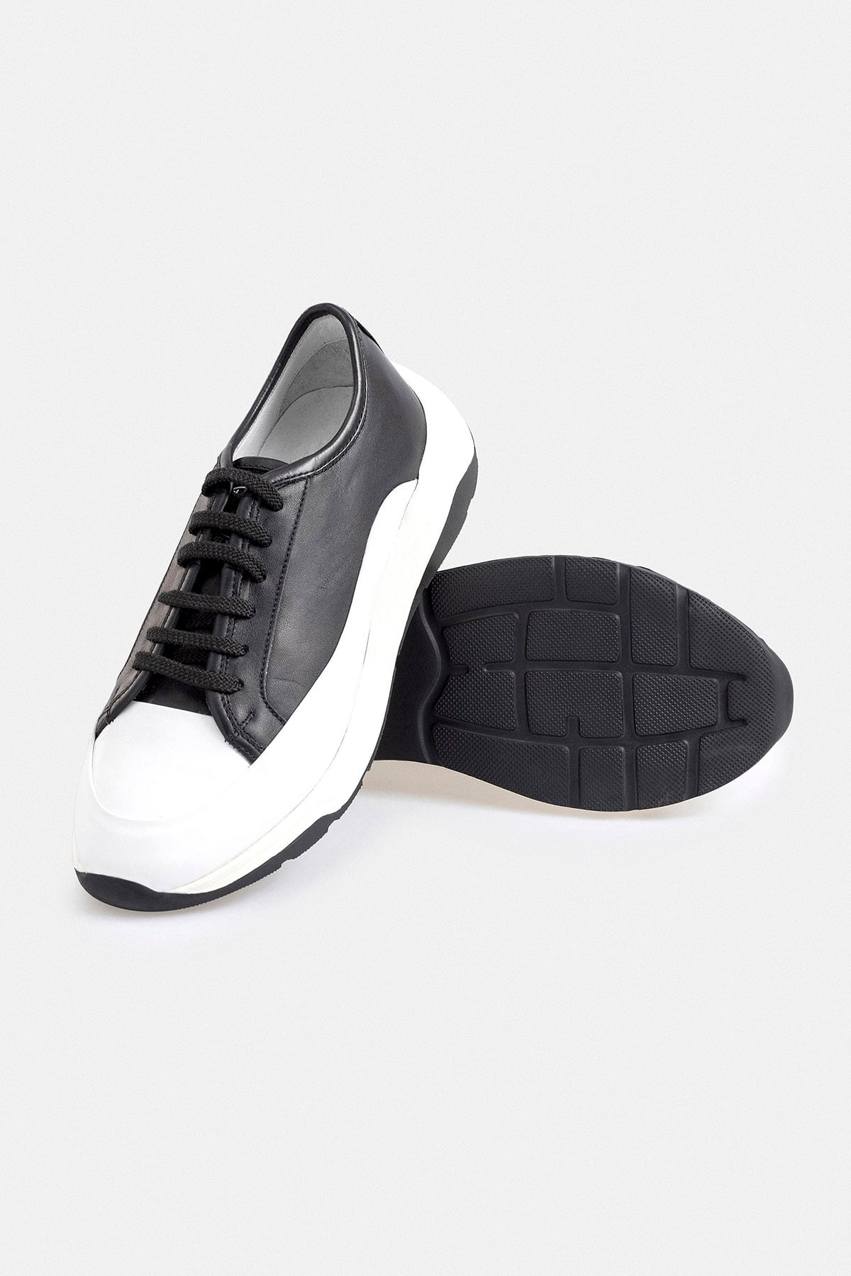 %100 Deri Termo Tabanlı Siyah Beyaz Erkek Sneaker Ayakkabı