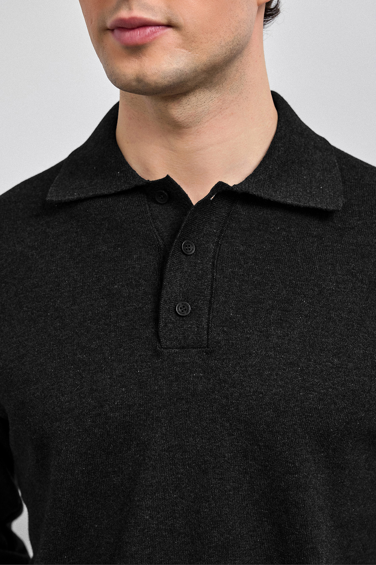 Siyah Relaxed Fit Polo Yaka Triko Kazak