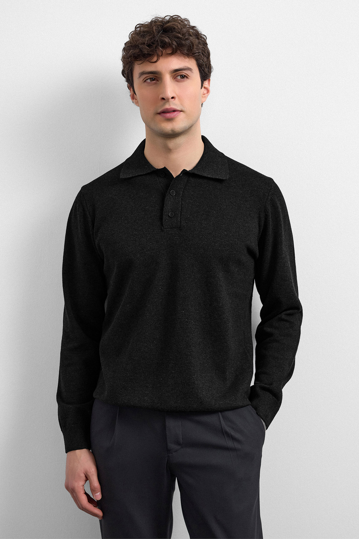 Siyah Relaxed Fit Polo Yaka Triko Kazak