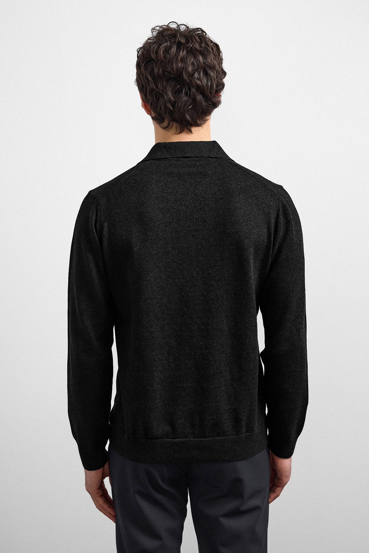 Siyah Relaxed Fit Polo Yaka Triko Kazak