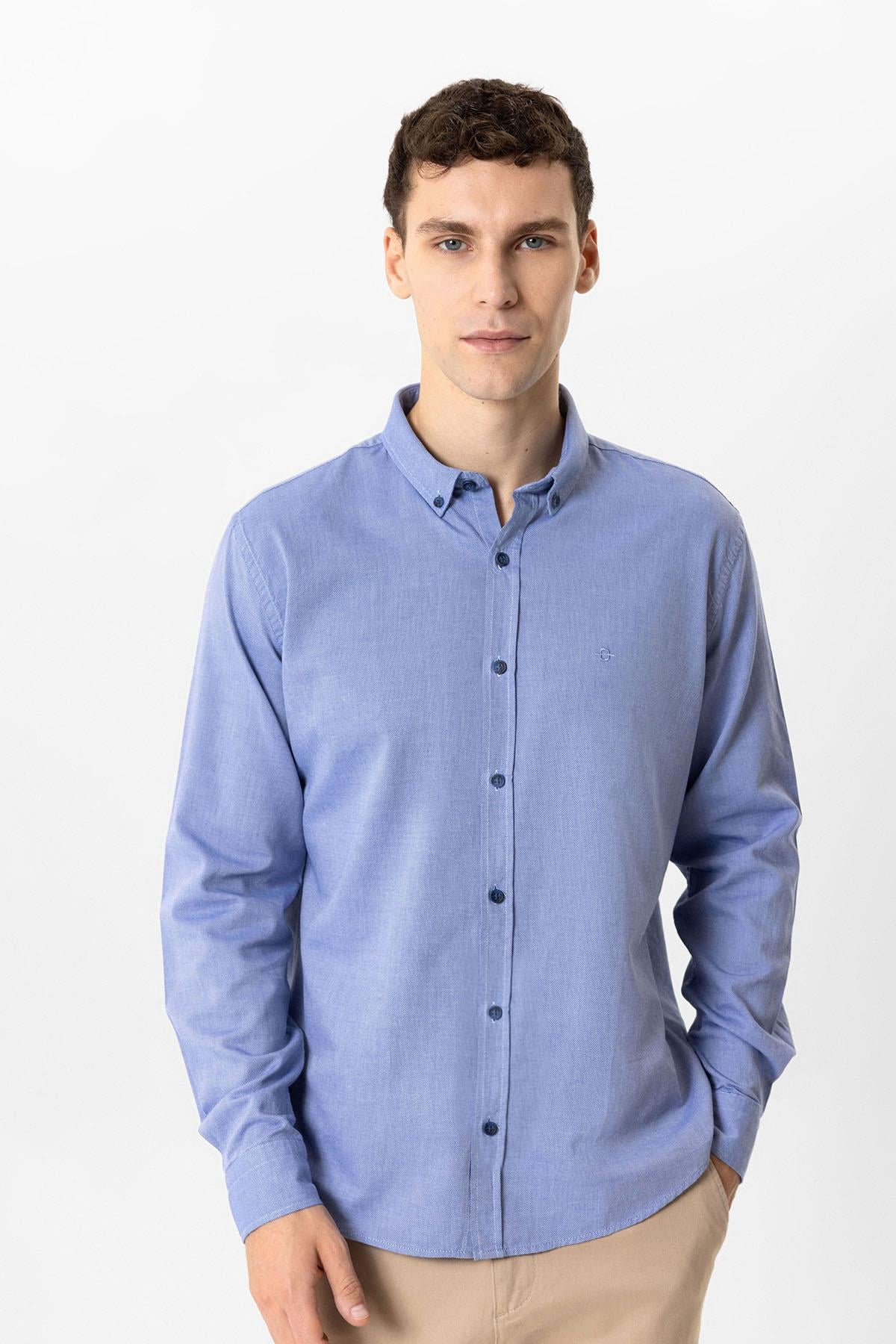 Lacivert Slim Fit %100 Pamuk Oxford Gömlek