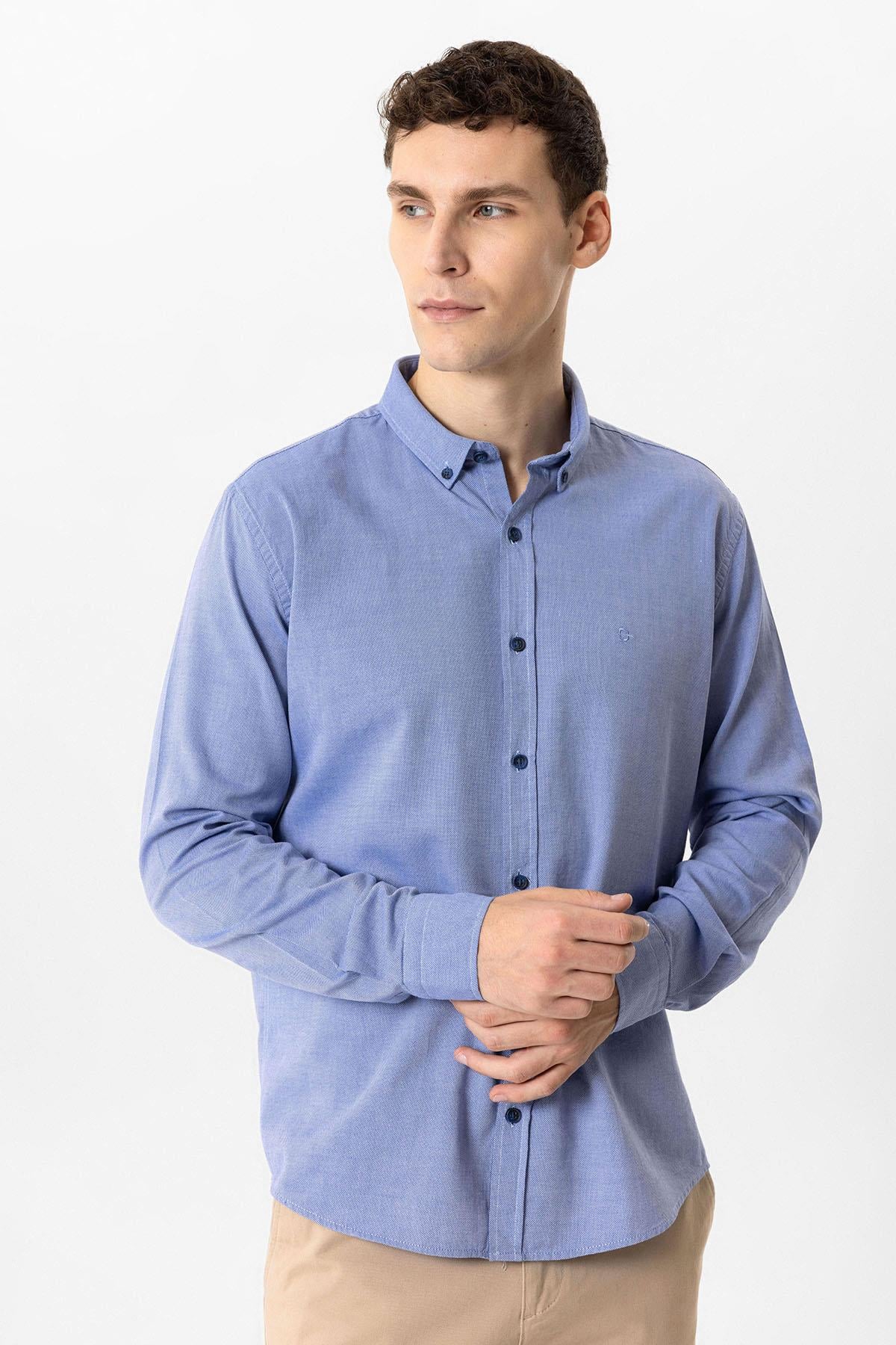 Lacivert Slim Fit %100 Pamuk Oxford Gömlek